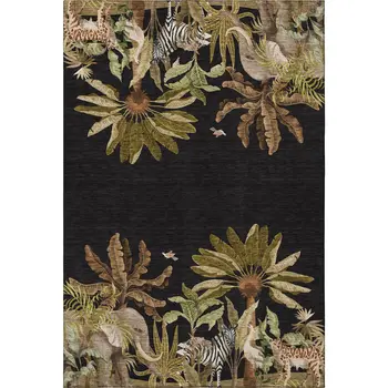 3' X 5' Midnight Brown And Olive Green Geometric Washable Area Rug With UV Protection