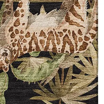 5' X 8' Midnight Brown And Olive Green Geometric Washable Area Rug With UV Protection