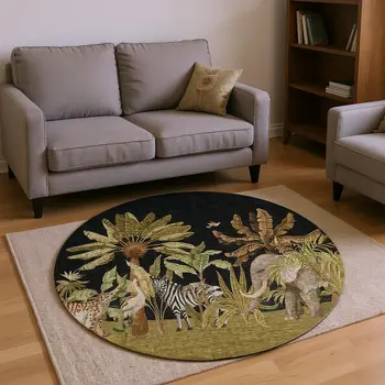 8' Midnight Brown And Olive Green Geometric Washable Round Rug With UV Protection