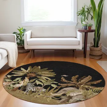 8' Midnight Brown And Olive Green Geometric Washable Round Rug With UV Protection
