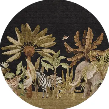 8' Midnight Brown And Olive Green Geometric Washable Round Rug With UV Protection