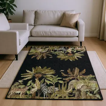 8' X 10' Midnight Brown And Olive Green Geometric Washable Area Rug With UV Protection