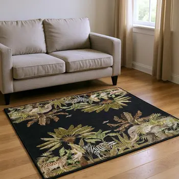 9' X 12' Midnight Brown And Olive Green Geometric Washable Area Rug With UV Protection