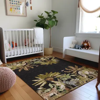 9' X 12' Midnight Brown And Olive Green Geometric Washable Area Rug With UV Protection