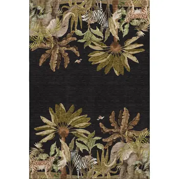 9' X 12' Midnight Brown And Olive Green Geometric Washable Area Rug With UV Protection