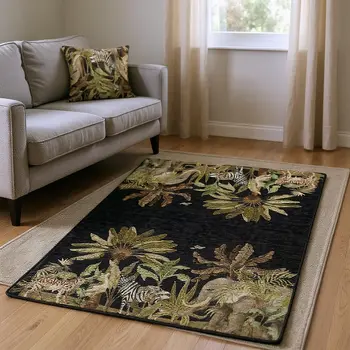 10' X 14' Midnight Brown And Olive Green Geometric Washable Area Rug With UV Protection