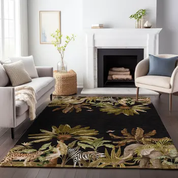 10' X 14' Midnight Brown And Olive Green Geometric Washable Area Rug With UV Protection