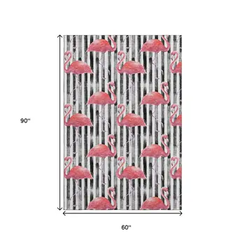 5' X 8' Pink Black And White Geometric Washable Area Rug With UV Protection