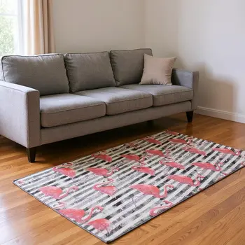 8' X 10' Pink Black And White Geometric Washable Area Rug With UV Protection