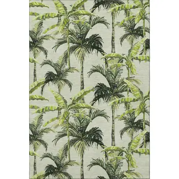 5' X 8' Green Ivory And Charcoal Geometric Washable Area Rug With UV Protection