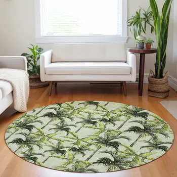 8' Green Ivory And Charcoal Geometric Washable Round Rug With UV Protection