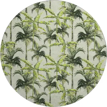 8' Green Ivory And Charcoal Geometric Washable Round Rug With UV Protection