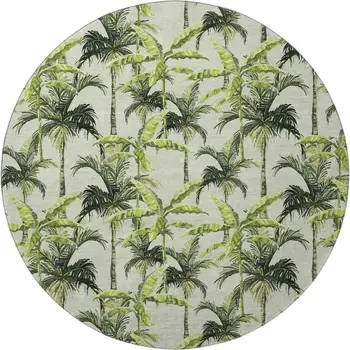 8' Green Ivory And Charcoal Geometric Washable Round Rug With UV Protection