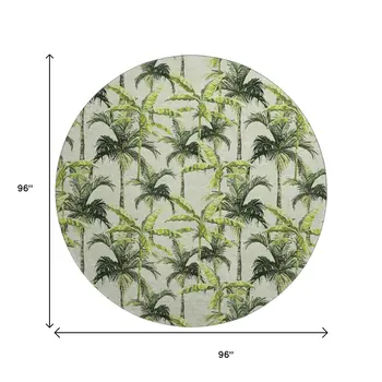 8' Green Ivory And Charcoal Geometric Washable Round Rug With UV Protection