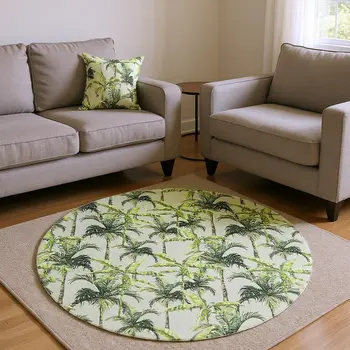 8' Green Ivory And Charcoal Geometric Washable Round Rug With UV Protection
