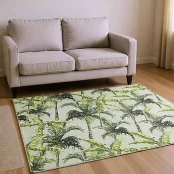 8' X 10' Green Ivory And Charcoal Geometric Washable Area Rug With UV Protection