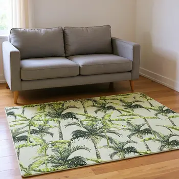 10' X 14' Green Ivory And Charcoal Geometric Washable Area Rug With UV Protection