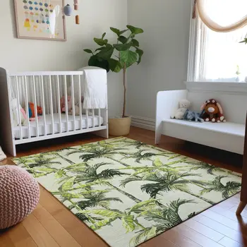 10' X 14' Green Ivory And Charcoal Geometric Washable Area Rug With UV Protection