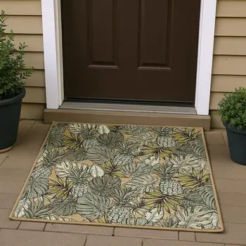 3' X 5' Khaki Gray And Yellow Geometric Washable Area Rug With UV Protection