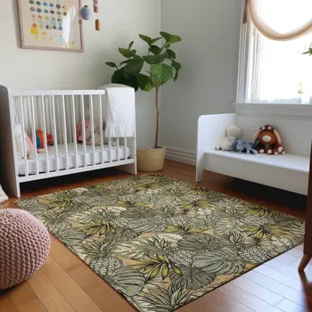 3' X 5' Khaki Gray And Yellow Geometric Washable Area Rug With UV Protection