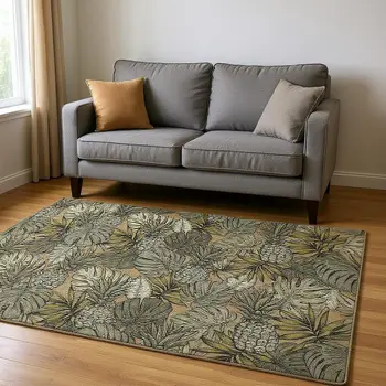 5' X 8' Khaki Gray And Yellow Geometric Washable Area Rug With UV Protection