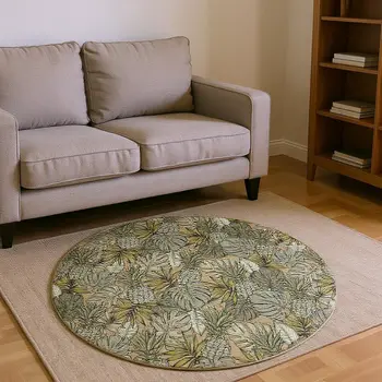 8' Khaki Gray And Yellow Geometric Washable Round Rug With UV Protection