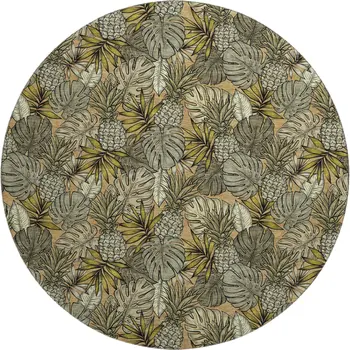 8' Khaki Gray And Yellow Geometric Washable Round Rug With UV Protection