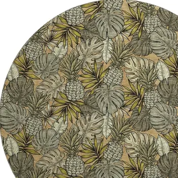 8' Khaki Gray And Yellow Geometric Washable Round Rug With UV Protection