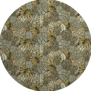 8' Khaki Gray And Yellow Geometric Washable Round Rug With UV Protection
