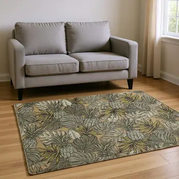 10' X 14' Khaki Gray And Yellow Geometric Washable Area Rug With UV Protection