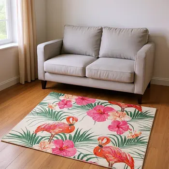 5' X 8' Pink Ivory And Green Geometric Washable Area Rug With UV Protection
