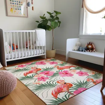 5' X 8' Pink Ivory And Green Geometric Washable Area Rug With UV Protection