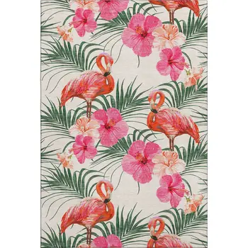 5' X 8' Pink Ivory And Green Geometric Washable Area Rug With UV Protection