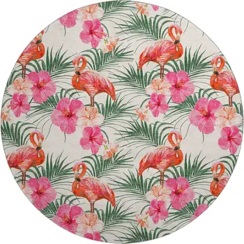 8' Pink Ivory And Green Geometric Washable Round Rug With UV Protection