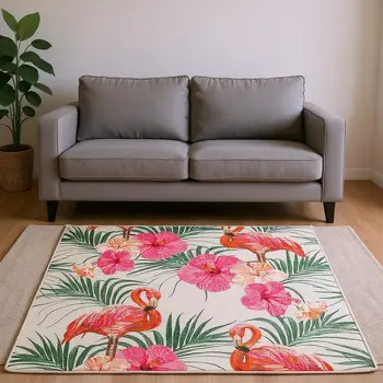 10' X 14' Pink Ivory And Green Geometric Washable Area Rug With UV Protection