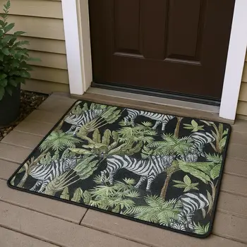 3' X 5' Midnight Green And Brown Geometric Washable Area Rug With UV Protection