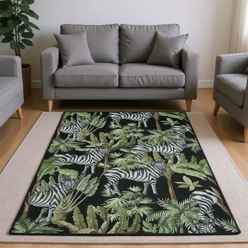 5' X 8' Midnight Green And Brown Geometric Washable Area Rug With UV Protection
