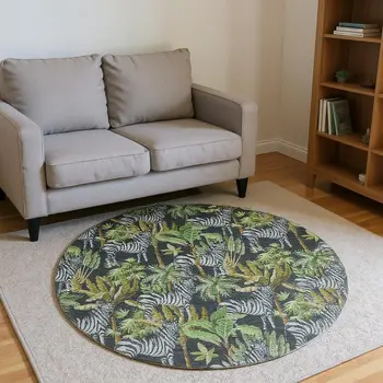 8' Midnight Green And Brown Geometric Washable Round Rug With UV Protection