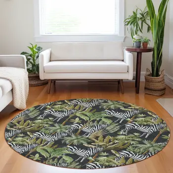 8' Midnight Green And Brown Geometric Washable Round Rug With UV Protection