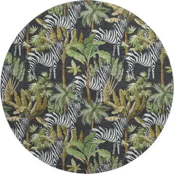 8' Midnight Green And Brown Geometric Washable Round Rug With UV Protection
