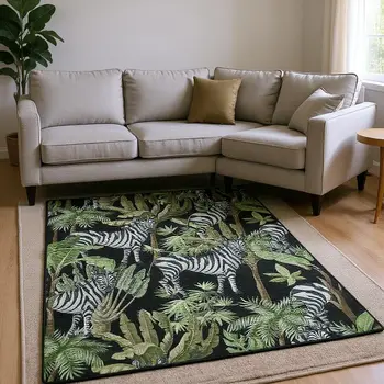 9' X 12' Midnight Green And Brown Geometric Washable Area Rug With UV Protection