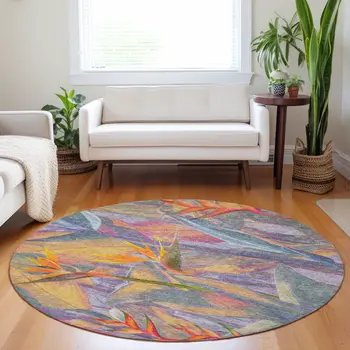 8' Rainbow And Ivory Geometric Washable Round Rug With UV Protection