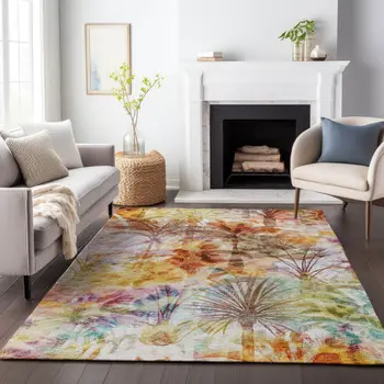 5' X 8' Rainbow And Ivory Geometric Washable Area Rug With UV Protection