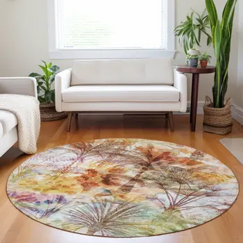 8' Rainbow And Ivory Geometric Washable Round Rug With UV Protection