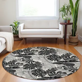 8' Midnight And Ivory Geometric Washable Round Rug With UV Protection
