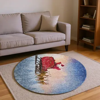 8' Blue Red And Brown Geometric Washable Round Rug With UV Protection