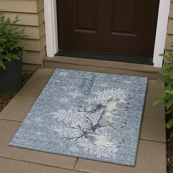 3' X 5' Ash Gray Ivory And Blue Geometric Washable Area Rug With UV Protection
