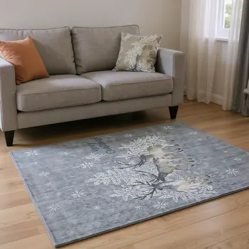 5' X 8' Ash Gray Ivory And Blue Geometric Washable Area Rug With UV Protection