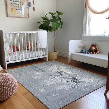 5' X 8' Ash Gray Ivory And Blue Geometric Washable Area Rug With UV Protection