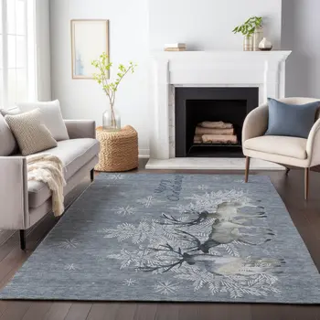 5' X 8' Ash Gray Ivory And Blue Geometric Washable Area Rug With UV Protection